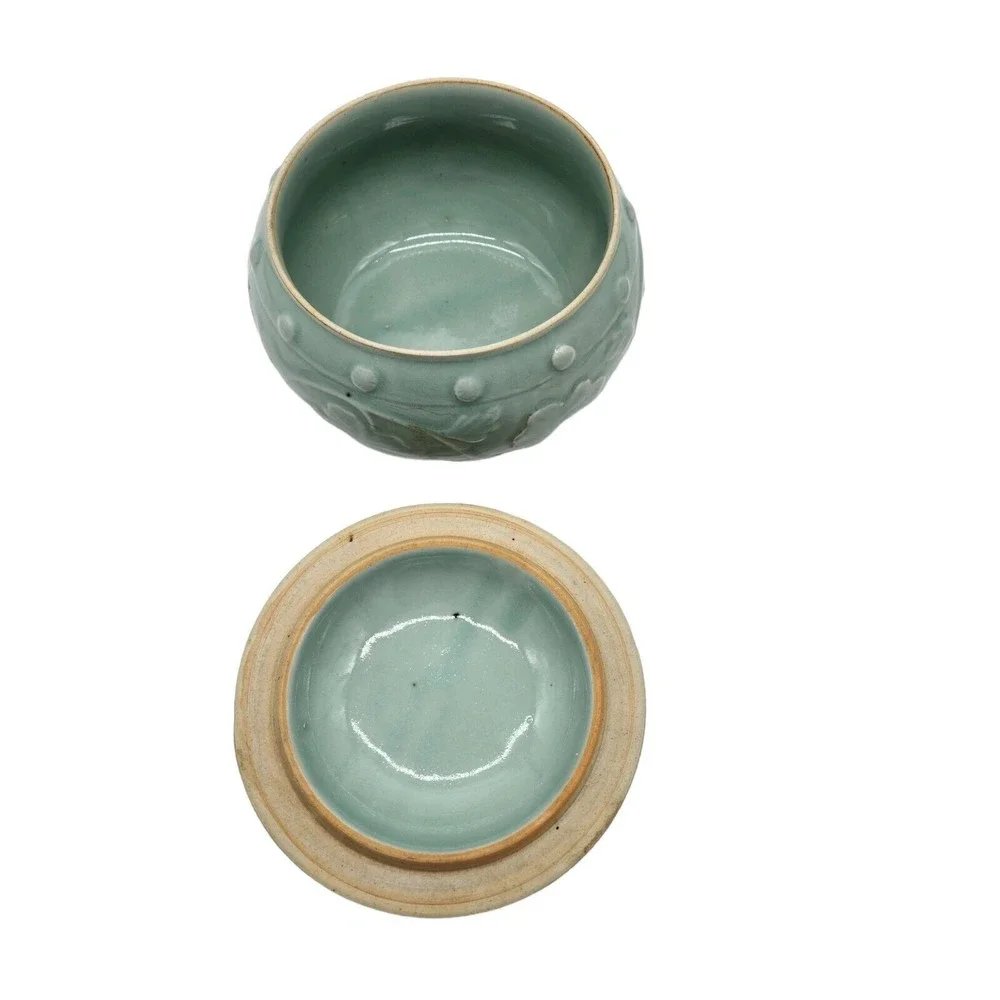 Vintage Handmade Celadon Tureen Covered Serving Bowl Dimensional